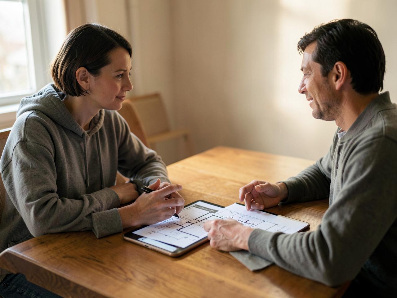 An advisor discussing floor plans with a client across a table