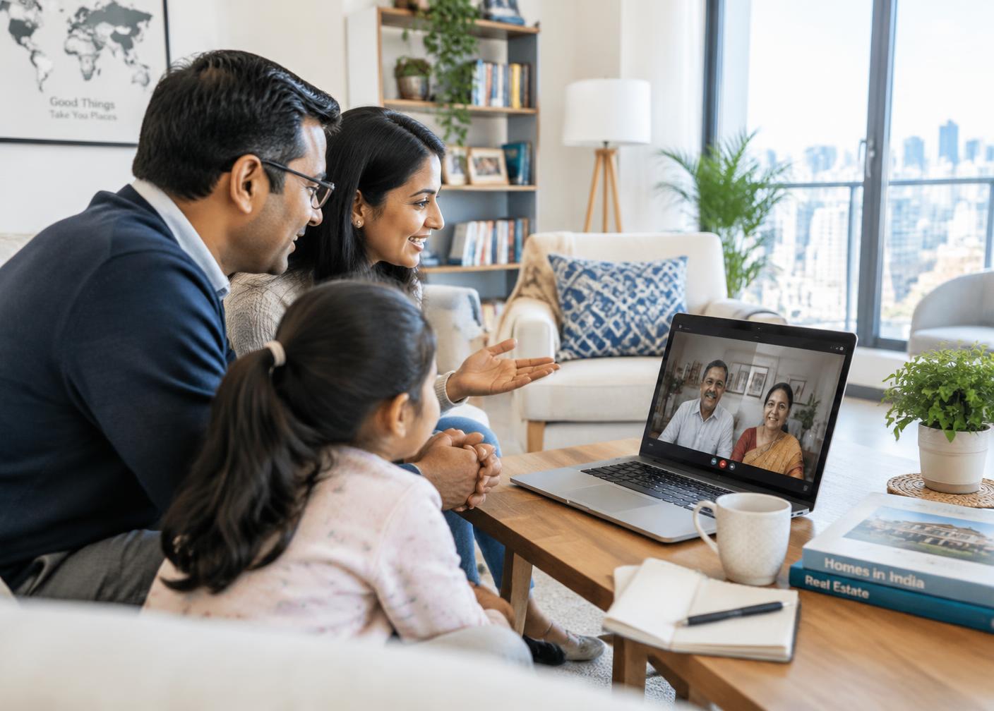 Family on a video consultation from abroad